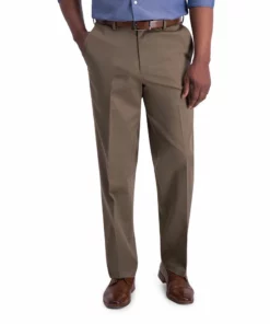 Men's Haggar® Iron Free Premium Khaki™ Classic-Fit Flat Front Hidden Comfort Waistband Casual Pant -Casual Outfits For Men Elegant store 3696341 Toast