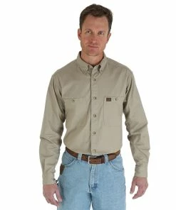 Men's Wrangler RIGGS Workwear Twill Button-Down Shirt -Casual Outfits For Men Elegant store 3973843 Khaki