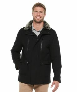 Men's Vintage Leather Wool-Blend Faux-Fur Collar Jacket