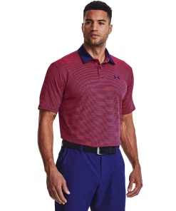 Men's Under Armour Striped Classic-Fit Performance Golf Polo -Casual Outfits For Men Elegant store 4526407 Bauhaus Blue Radio Red