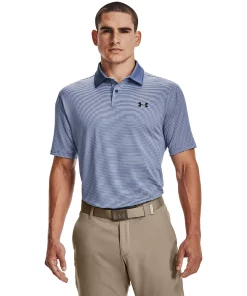 Men's Under Armour Striped Classic-Fit Performance Golf Polo -Casual Outfits For Men Elegant store 4526407 Mineral Blue