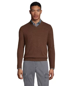 Big & Tall Lands' End Fine-Gauge Cashmere V-neck Sweater -Casual Outfits For Men Elegant store 4552781 Rich Coffee Heather
