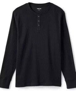 Men's Lands' End Ribbed Pajama Sleep Henley -Casual Outfits For Men Elegant store 4561226 Black