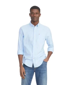 Men's Tommy Hilfiger Custom Fit Essential Stretch Oxford Shirt -Casual Outfits For Men Elegant store 5092114 Light Blue
