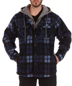 Men's Smith's Workwear Plaid Sherpa-Lined Microfleece Hooded Shirt Jacket -Casual Outfits For Men Elegant store 5156351 Navy