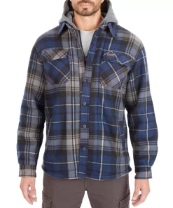 Men's Smith's Workwear Plaid Sherpa-Lined Microfleece Hooded Shirt Jacket -Casual Outfits For Men Elegant store 5156351 Navy Gray